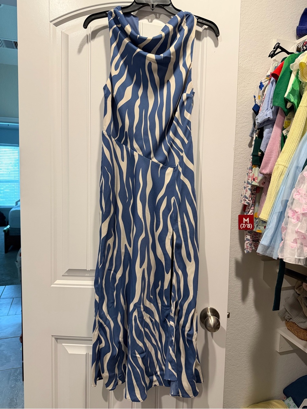 Abercrombie Blue and White Zebra Print Cowl Neck Midi Dress